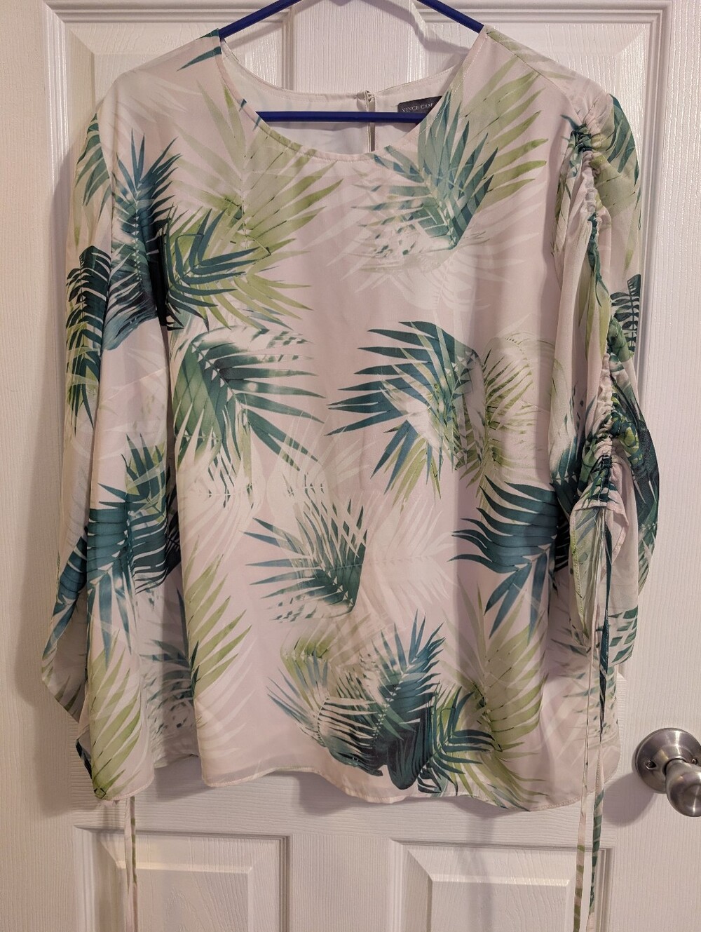 Vince Camuto Blouse Womens Plus 1X Green Tropical Leaf Lined Top 3/4 Sleeve